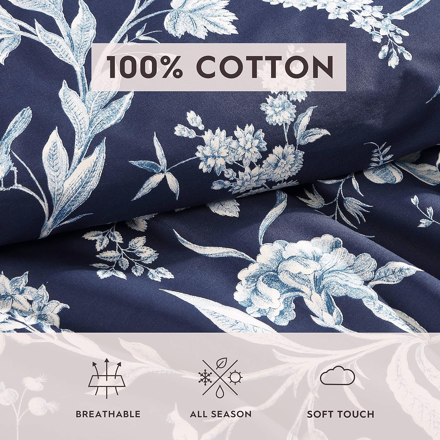 Laura Ashley- King Comforter Set, Cotton Reversible Bedding Set, Includes Matching Shams with Bonus Euro Shams & Throw Pillow Covers (Branch Toile Blue, King)