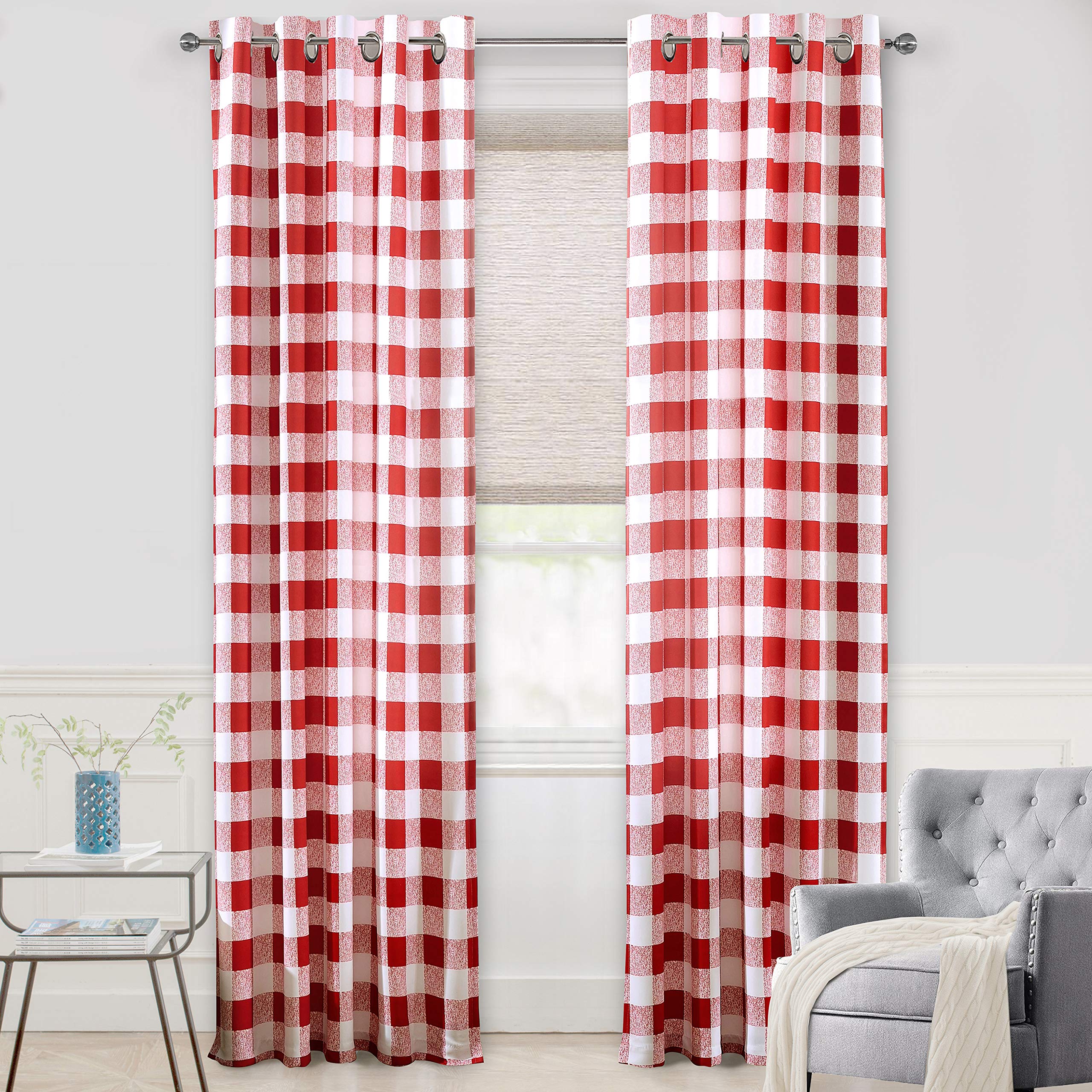 DriftAway Buffalo Plaid Check Curtains Blackout Room Darkening Thermal Insulated Red and White Buffalo Checkered Window Drapes for Farmhouse Bedroom Living Room Grommet Curtain 2 Panels 84 Inch Long