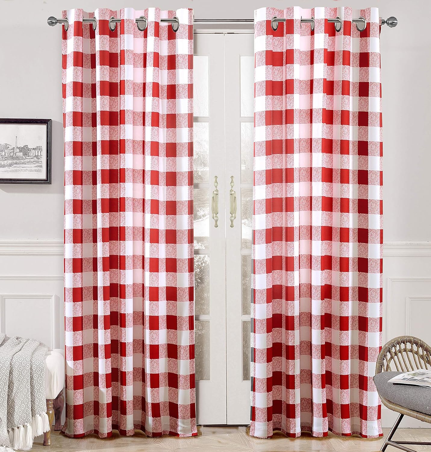 DriftAway Buffalo Plaid Check Curtains Blackout Room Darkening Thermal Insulated Red and White Buffalo Checkered Window Drapes for Farmhouse Bedroom Living Room Grommet Curtain 2 Panels 84 Inch Long