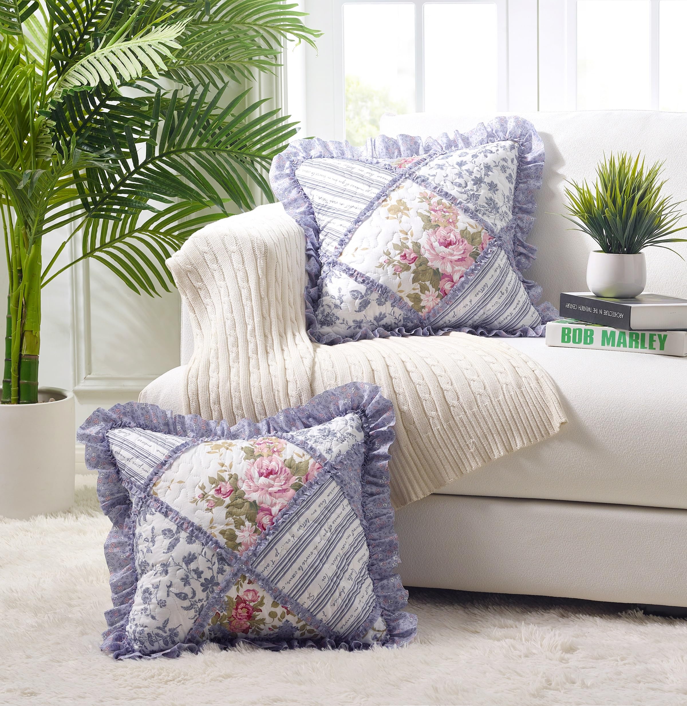 Brilliant Sunshine Traditional Rose and Sage Patchwork Pillowshams Set, Quilted Standard Pillowcases, 20x26 with 2" Flange, Scalloped Edge Pillow Covers, Pack of 2, Pink